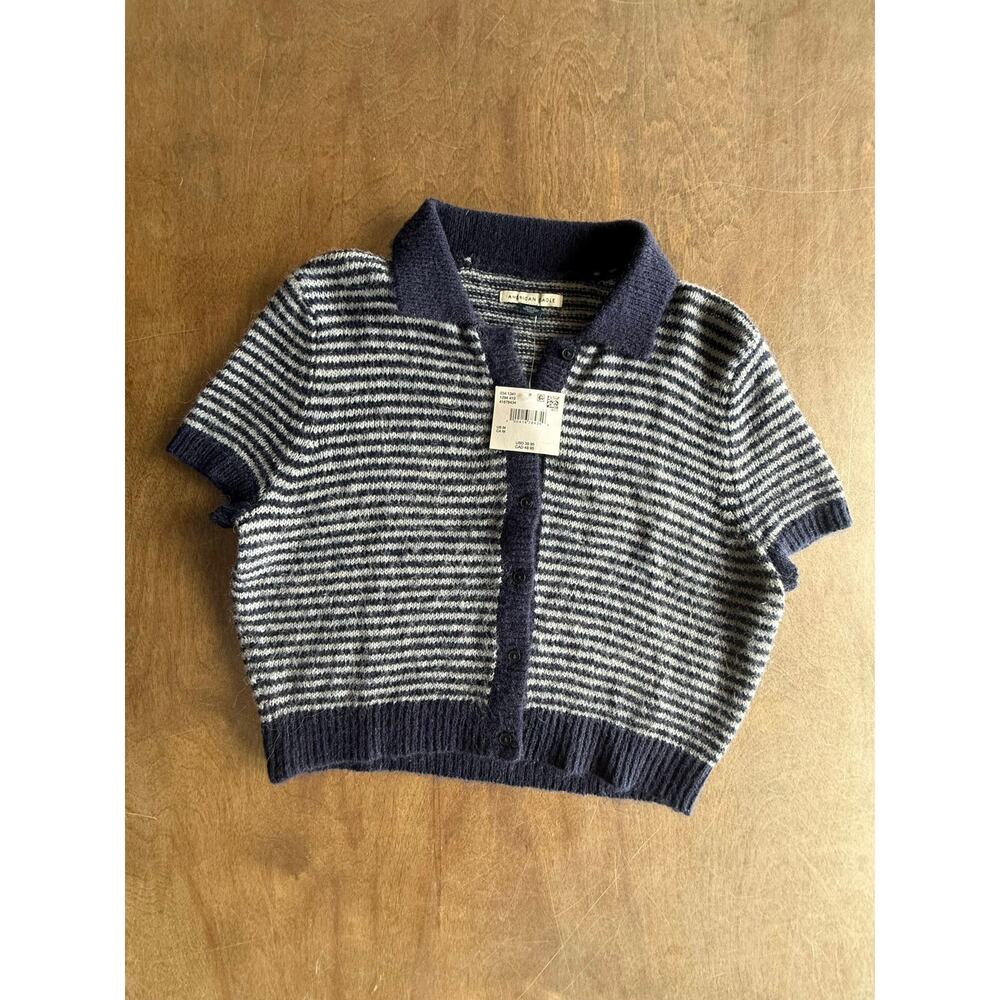 American Eagle Navy Striped Cropped Sweater Polo Cardigan M NWT
